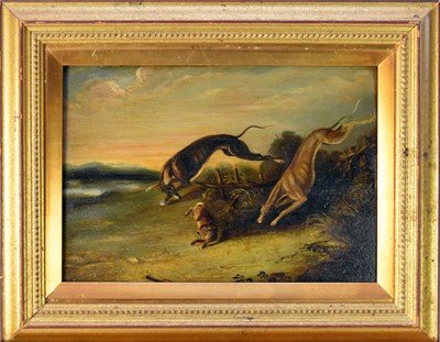 Lot 268 - English School, late 19th century, two greyhounds going for the kill, oil, with another similar (2)