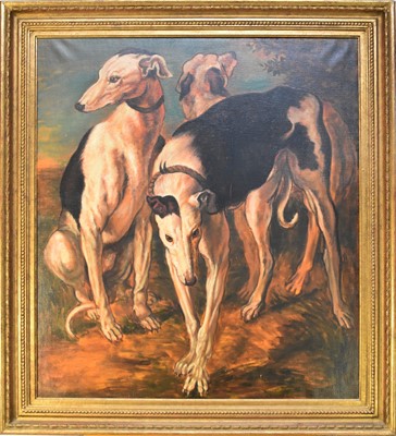 Lot 271 - Jonathon Adams (English School, 20th century), three greyhounds, oil