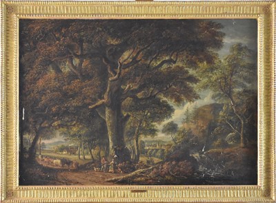 Lot 268 - Follower of Paul Sandby, rural landscape, oil on panel, 46cm x 64cm