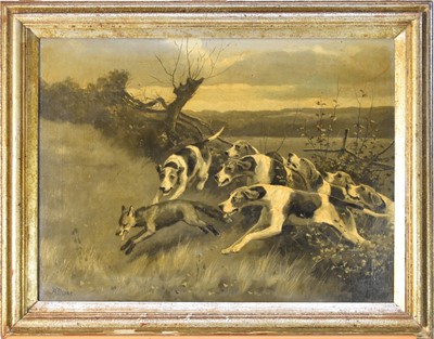 Lot 273 - Alfred Arthur Duke (British, active c1893-c1905), hounds nearing a kill, oil