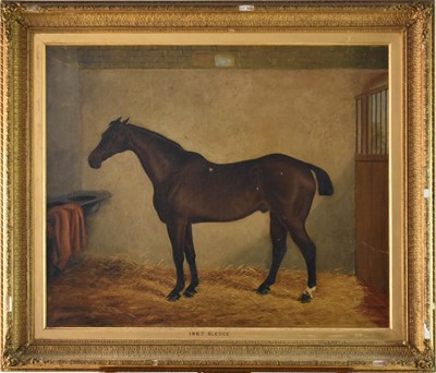 Lot 230 - J* Quinton (British, 19th century), a bay stallion, 'Sledge', in a loose box, oil