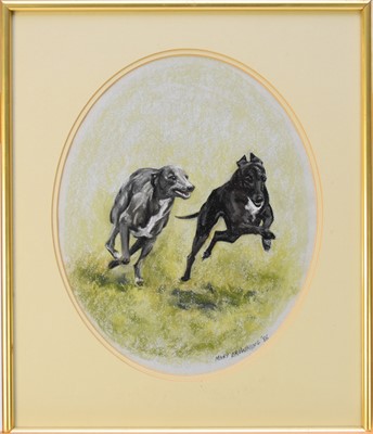 Lot 274 - Mary Browning (English, late 20th century), portrait of two whippets racing and two prints (3)