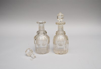 Lot 358 - A pair of 19th century engraved decanters, one stopper broken, section detached (5)