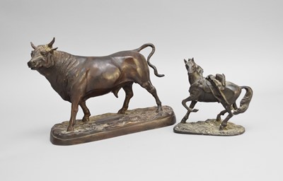 Lot 415 - A post-war bronze of a standing bull, approximately 35cm long and another (2)