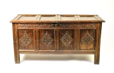 Lot 519 - A Charles II, quadruple panel, carved oak coffer