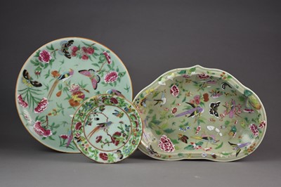 Lot 606 - Three Chinese celadon famille rose dessert dishes