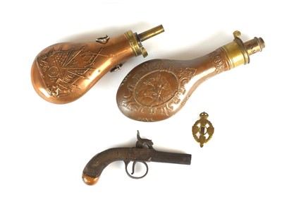 Lot 22 - A percussion pocket pistol and two powder flasks