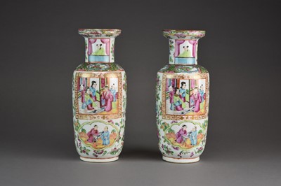 Lot 75 - A pair of Chinese Canton famille rose rouleau vases, 19th century