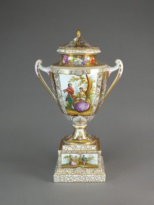 Lot 321 - A Vienna style covered twin handled urn, 52cm high