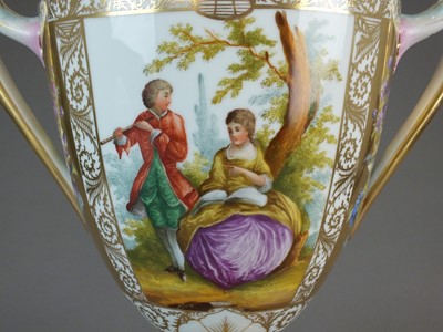 Lot 321 - A Vienna style covered twin handled urn, 52cm high