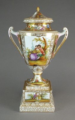 Lot 321 - A Vienna style covered twin handled urn, 52cm high