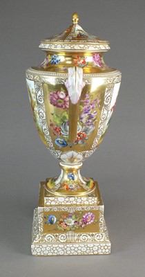 Lot 321 - A Vienna style covered twin handled urn, 52cm high