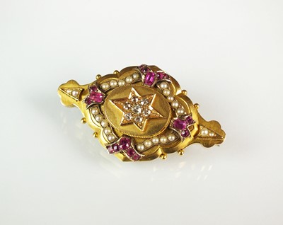 Lot 121 - A late 19th century ruby, diamond and seed pearl locket brooch