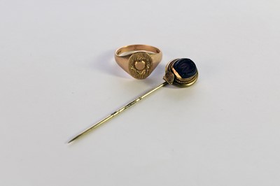 Lot 301 - A 9ct gold signet ring and a stick pin