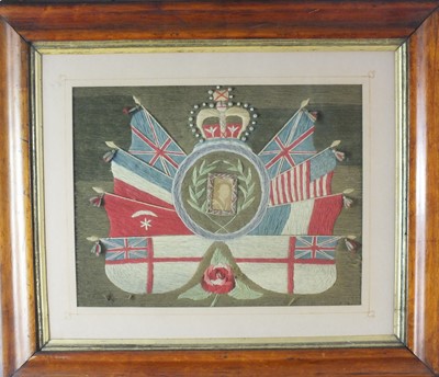 Lot 3 - Four silk and wool maritime embroideries together with military silk cigarette cards