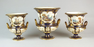 Lot 336 - A garniture of three Derby porcelain vases, circa 1820