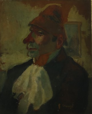 Lot 188 - Edmond Amadee Heuze (French, 1884-1967), half-portrait of a clown, oil