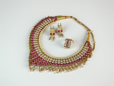 Lot 263 - A suite of synthetic ruby, white sapphire and cultured pearl gilt jewellery