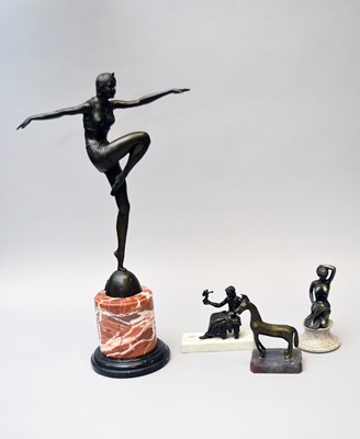 Lot 699 - An Art Deco style bronze figure and three other smaller bronzes