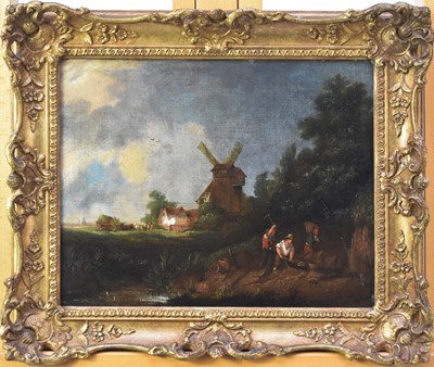 Lot 397 - Norwich School (19th Century) Labourers before a Windmill with Haywain beyond