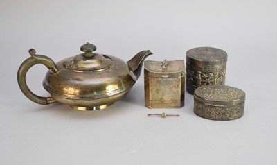 Lot 229 - A silver teapot, a silver tea caddy, two white metal boxes and a bar brooch