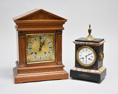 Lot 592 - A late 19th century French marble and slate mantel clock, by Duverdrey and another oak clock