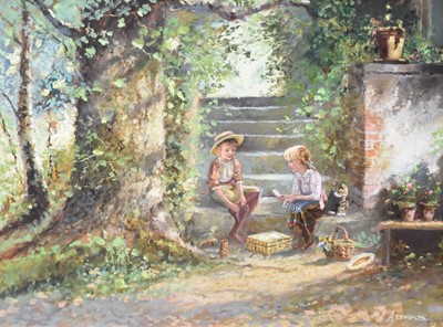 Lot 392 - Paul Attfield (20th Century) Children playing cards on the garden steps