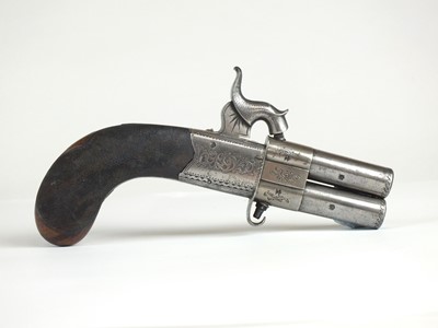Lot 77 - English percussion pocket pistol with revolving barrels, early 19th century