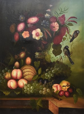 Lot 240 - S Simona (20th Century) Large Still Life of Fruits and Flowers with Songbirds