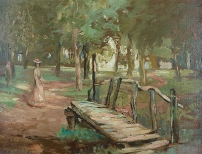 Lot 229 - Attributed to Henry Wilson Steer (1860 - 1942) Lady with a parasol in a woodland clearing