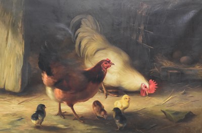 Lot 183 - Edgar Hunt (1876 - 1953) Two Hens and Four Chicks in a Barn