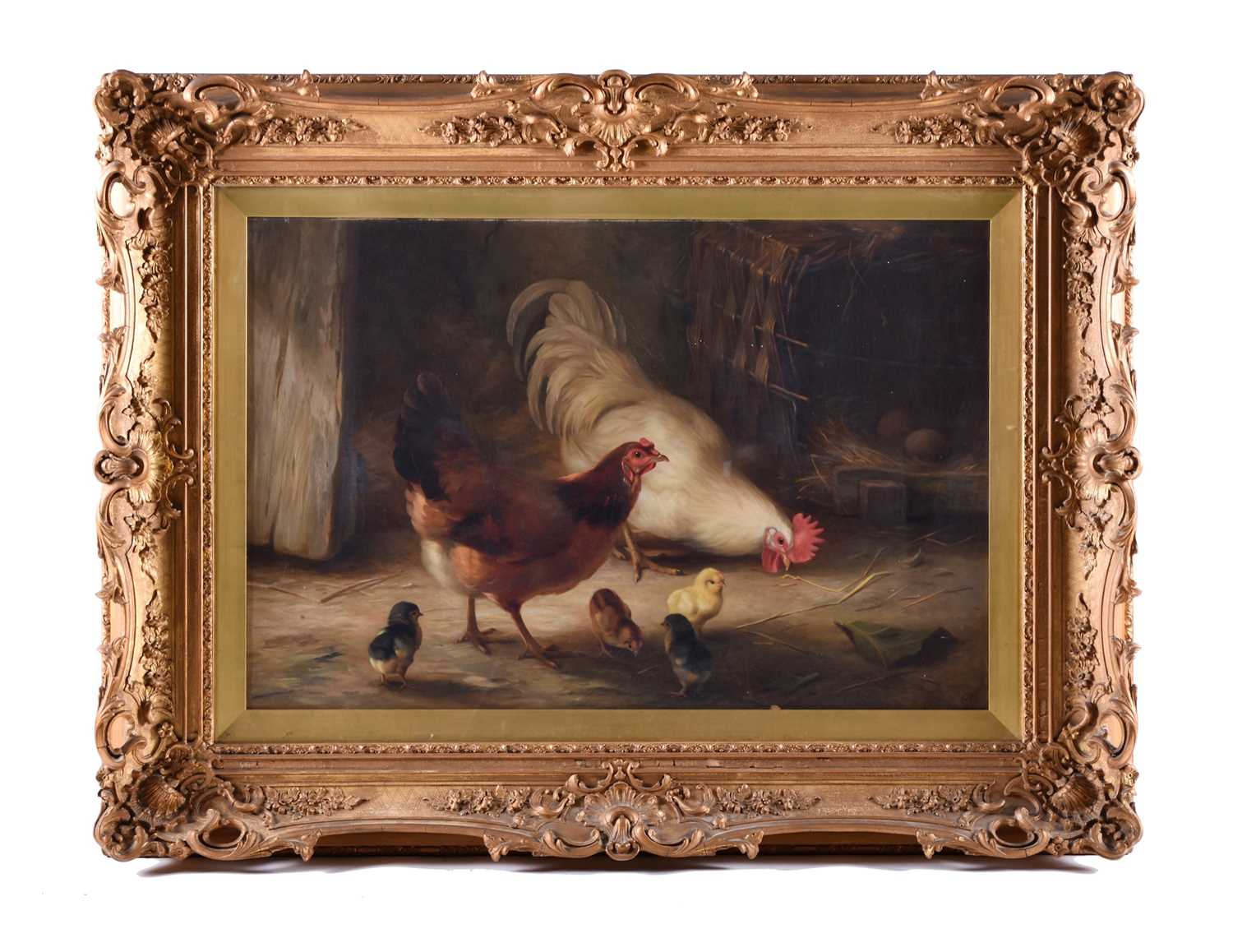 183 - Edgar Hunt (1876 - 1953) Two Hens and Four Chicks in a Barn