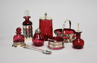 Lot 37 - A collection of silver mounted cranberry glasswares