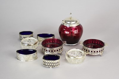 Lot 39 - Silver salts and a silver mounted preserve pot