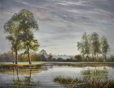 Lot 284 - Thomas Kennedy (British, 1900-1981), lake scene near Chingford, oil, 51cm x 65cm