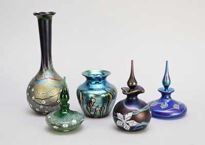 Lot 276 - Three Okra glass scent bottles and two vases