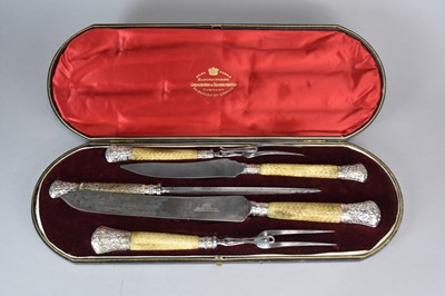 Lot 51 - A Victorian cased silver mounted antler five piece carving set