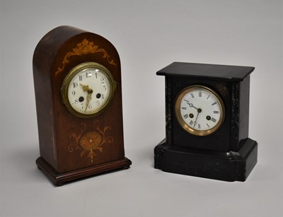 Lot 543 - An Edwardian inlaid mantel clock and a French slate clock