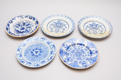 Lot 251 - Five blue and white delft plates, 18th century