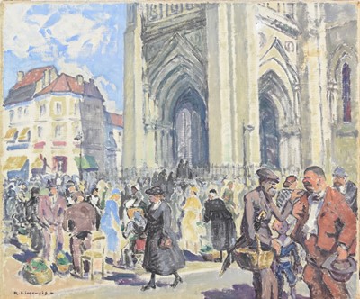 Lot 32 - R Limousis (French School 20th Century) Market Day in front of Cathedral