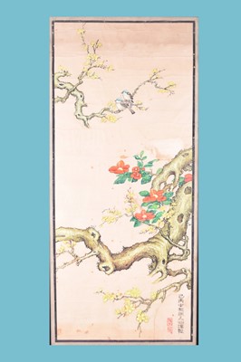 Lot 111 - A Chinese school hand scroll of birds in flowering branches, 20th century