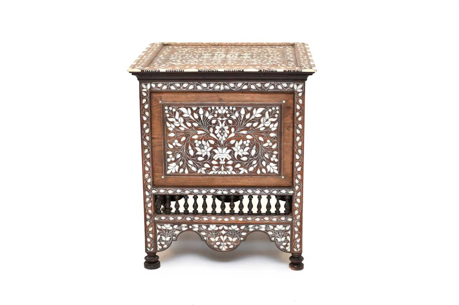 Lot 243 - A 19th century Syrian, square occasional table, inlaid with bone and white metal