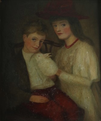 Lot 166 - British School (Late 19th early 20th Century) Portrait of Two Children Holding a Pet White Rabbit