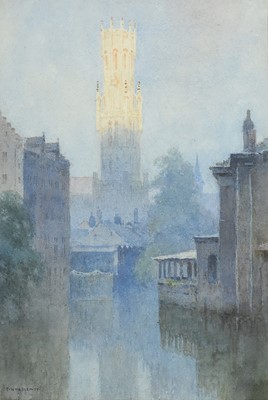 Lot 166 - Ernest William Haslehurst (1866-1949) Bruges Canal Scene with Belfry Tower at Dusk