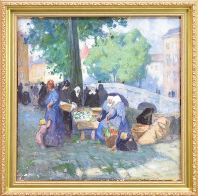 Lot 290 - Alfred Palmer (1877-1951) Canalside Market in Bruges