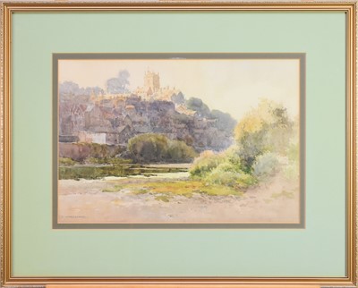 Lot 172 - Ernest William Haslehurst (1866-1949) Riverside View with Town and Church Beyond