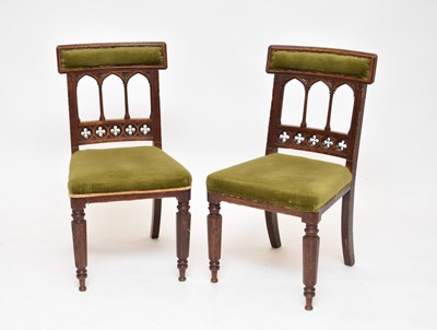 Lot 725 - A set of 6 Victorian, Gothic style, oak dining chairs