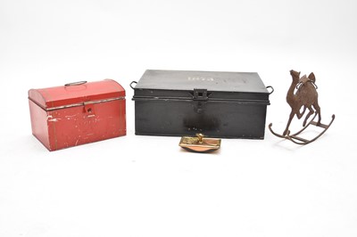 Lot 23 - A late 19th century tin trunk, dated '1873', an Art Nouveau blotter, plus two items (4)