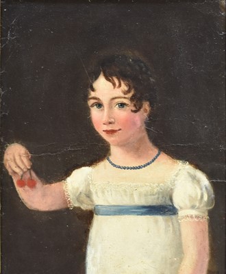 Lot 226 - Naive School, 19th century, half-portrait of a young girl, oil on board