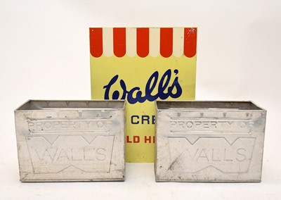 Lot 26 - Advertising interest:- a post-war 'Wall's Ice Cream' double-sided metal sign and two 'Wall's' containers (3)